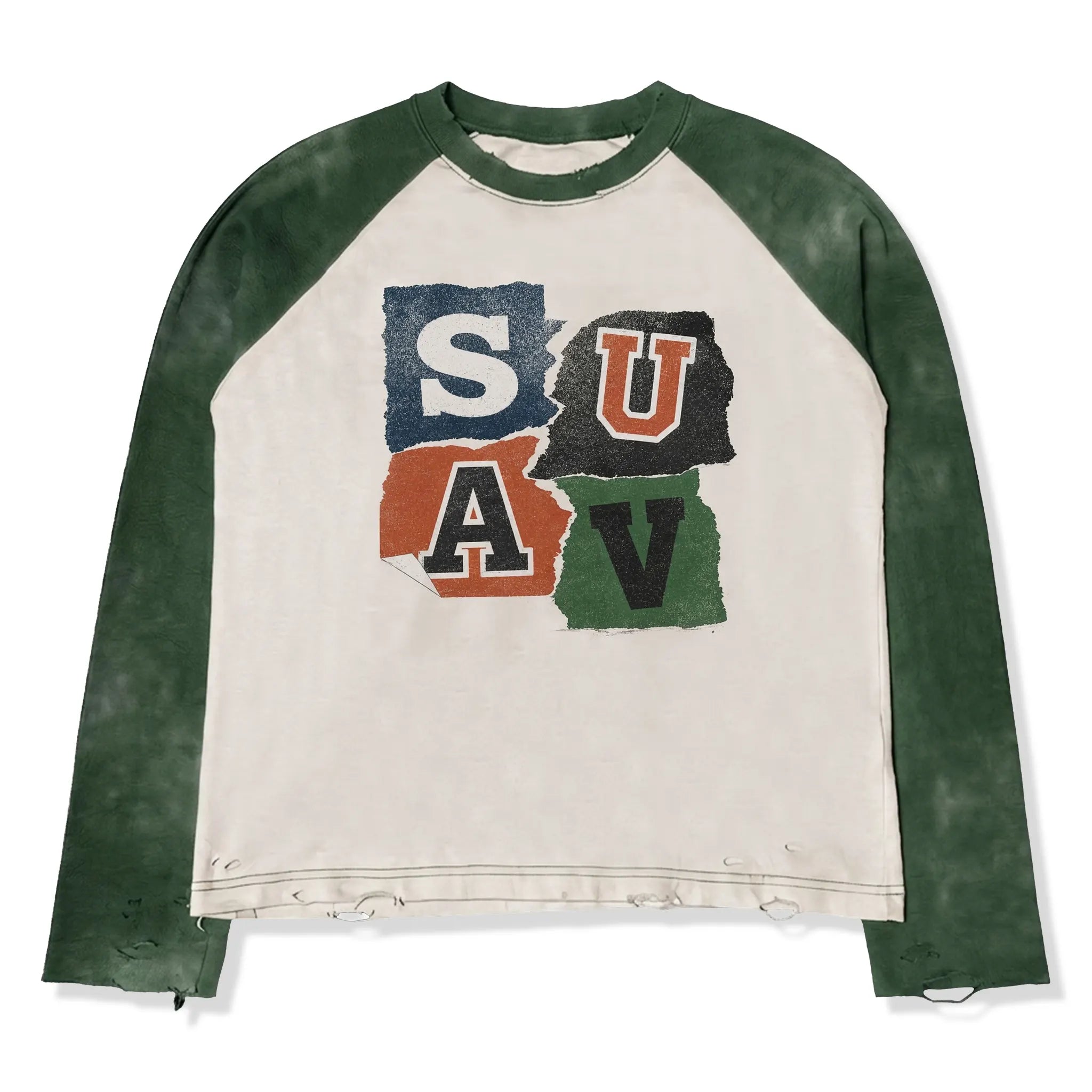 Front View of Suavo London Alphabet Raglan L/S Green T-Shirt